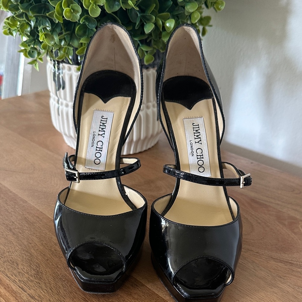 Jimmy Choo Black Patent Mary Jane Peep-Toe Heels